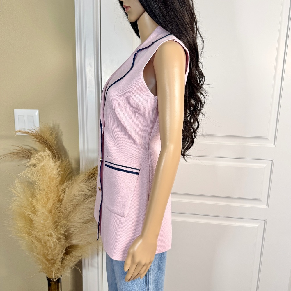 LIGHT PINK BLAZER VEST WITH NAVY BLUE TRIMMING AND POCKETS - Picture 7 of 11